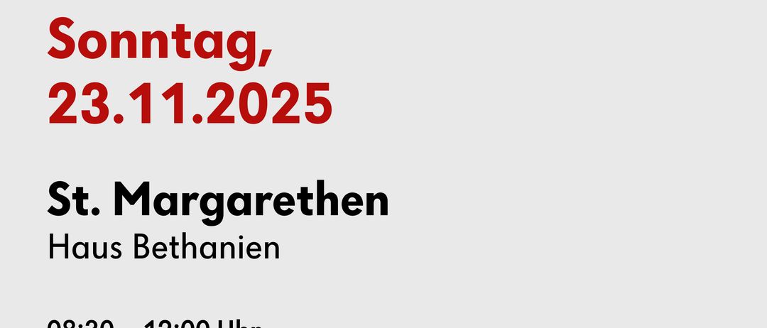 Plakat für eine Blutspendeveranstaltung am 23. November 2025 in St. Margarethen, Haus Bethanien. Zeiten: 08:30-12:00 und 13:00-15:00. Kontakt: blut.at oder 0800/190 190. QR-Code für Terminbuchung.