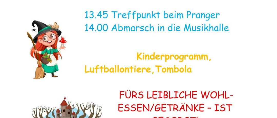 Einladung für eine Veranstaltung im Zauberwald am 15.02.2026. Der Treffpunkt ist um 13:45 Uhr, gefolgt von einem Marsch um 14:00 Uhr. Aktivitäten umfassen ein Kinderprogramm, Ballonfahrten und Tombola. Erfrischungen sind vorhanden.