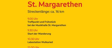 Burgenland-Tour am 25. Mai 2026. Treffpunkt und Frühstück bei der Musikhalle St. Margarethen. Wanderung beginnt um 9:30 Uhr. Halt in Wulkaried um 10:30 Uhr. Mittagspause in Steinbruch St. Margarethen. Abfahrt um 16:15 Uhr von der Musikhalle St. Margarethen. Kostenlose Teilnahme. Keine Anmeldung erforderlich.