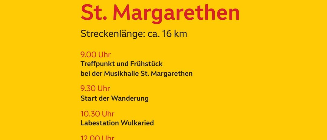Burgenland-Tour am 25. Mai 2026. Treffpunkt und Frühstück bei der Musikhalle St. Margarethen. Wanderung beginnt um 9:30 Uhr. Halt in Wulkaried um 10:30 Uhr. Mittagspause in Steinbruch St. Margarethen. Abfahrt um 16:15 Uhr von der Musikhalle St. Margarethen. Kostenlose Teilnahme. Keine Anmeldung erforderlich.