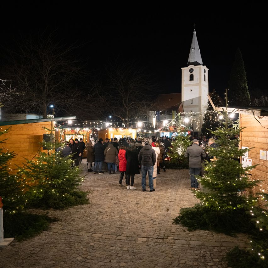 Nachtansicht eines Stadtplatzes mit einer Kirche, Marktständen und Menschen. Der Markt ist mit Weihnachtsbäumen und Lichtern geschmückt.