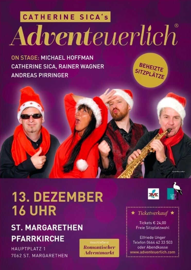 Plakat für Adventleuchter-Veranstaltung mit vier Darstellern in Weihnachtsmützen, geplant für den 13. Dezember um 16 Uhr in St. Margarethen. Tickets kosten 24 Euro mit freier Sitzplatzwahl.