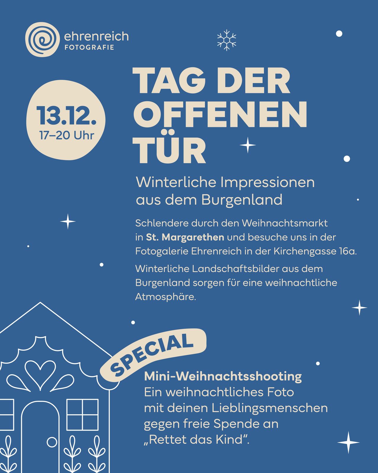 Tag der offenen Tür am 13.12., 17-20. Winterliche Eindrücke aus dem Burgenland. Ein spezielles Mini-Weihnachtsshooting.
