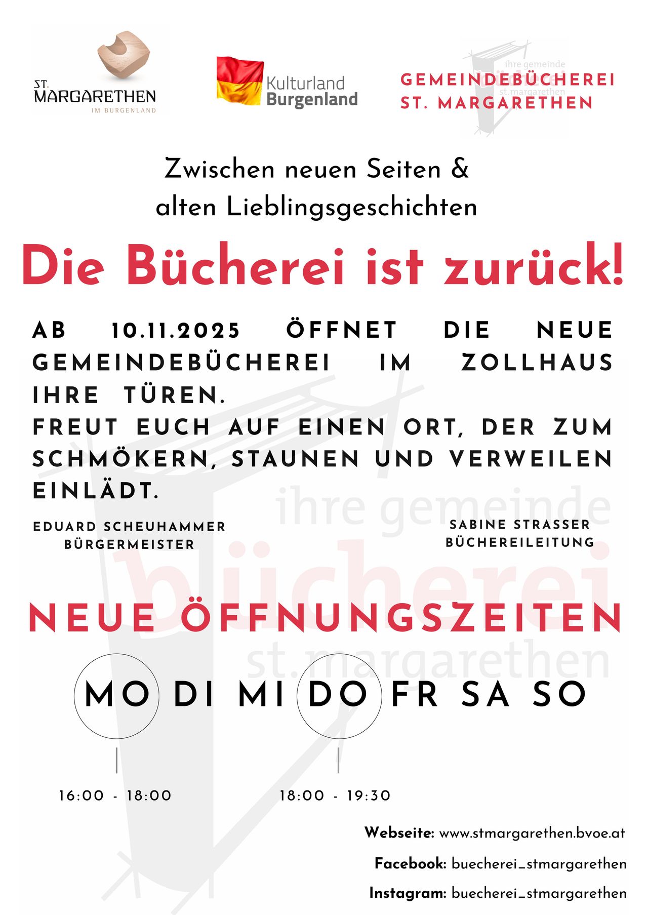 Ein Plakat bewirbt die Rückkehr einer Gemeindebücherei. Es öffnet am 10. November 2025 im Zollhaus. Das Plakat lädt ein, zum Stöbern, Entspannen und Genießen zu kommen.