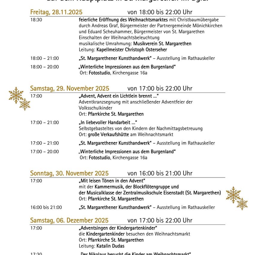 Feierliche Eröffnung des Weihnachtsmarktes mit Christbaumübergabe durch Andreas Graf, Bürgermeister der Partnergemeinde Mönichkirchen und Eduard Schauer, Bürgermeister von St. Margarethen. Einschalter der Weihnachtsbeleuchtung musikalische Umrahmung: Musikverein St. Margarethen. Führung: Kapellmeister Christoph Osterer. Winterliche Impressionen aus dem Burgenland. Ort: Fotostudio, Kirchengasse 16a.