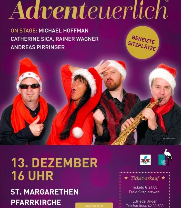 Ein Plakat für Adventzauber, eine Bühnenaufführung mit Michael Hoffman, Catherine Sica, Rainer Wagner und Andreas Pirringer. Die Veranstaltung findet am 13. Dezember um 16 Uhr in St. Margarethen statt. Tickets sind für 24 Euro erhältlich.
