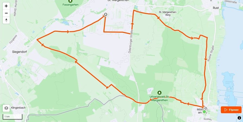 Eine Karte zeigt eine kreisförmige Route, die bei St. Margarethen-Berg beginnt, durch Urbanialwald führt und zum Ausgangspunkt zurückkehrt. Die Route ist mit einer orangefarbenen Linie gekennzeichnet.