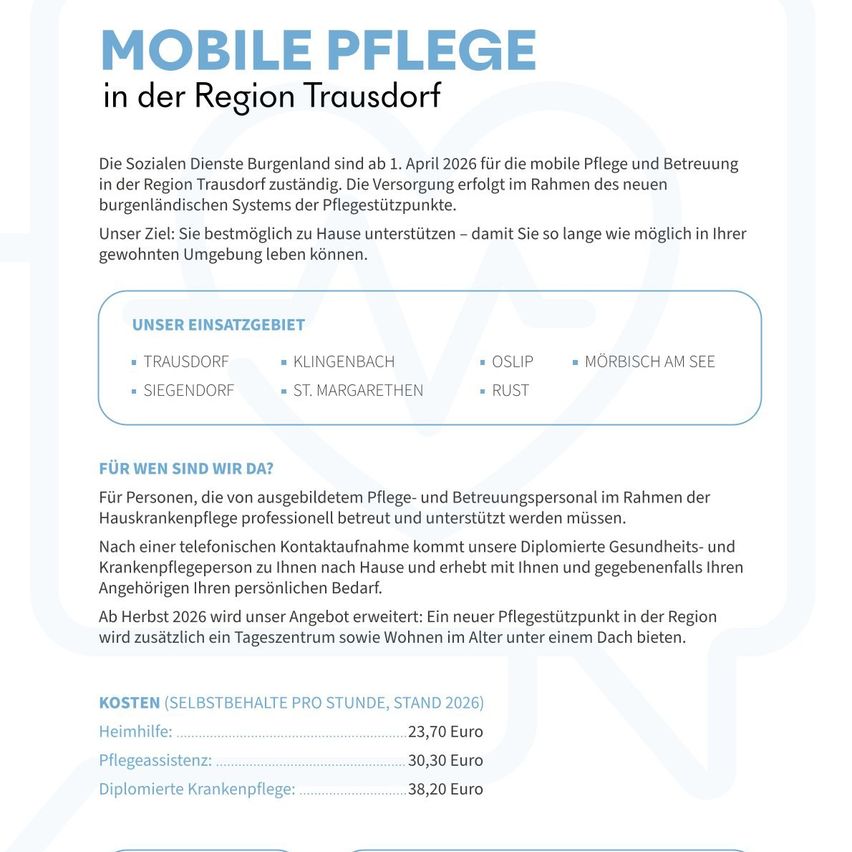 Mobile Pflege in der Region Trausdorf. Dienste beginnen ab 1. April 2026 und umfassen mobile Pflege und Betreuung im Rahmen des neuen burgenländischen Systems der Pflegestützpunkte. Ziel: Sie bestmöglich zu Hause unterstützen – damit Sie so lange wie möglich in Ihrer gewohnten Umgebung leben können. Kosten: Heimhilfe: 23,70 Euro, Pflegeassistent: 30,30 Euro, Diplomierte Krankenpflege: 38,20 Euro.