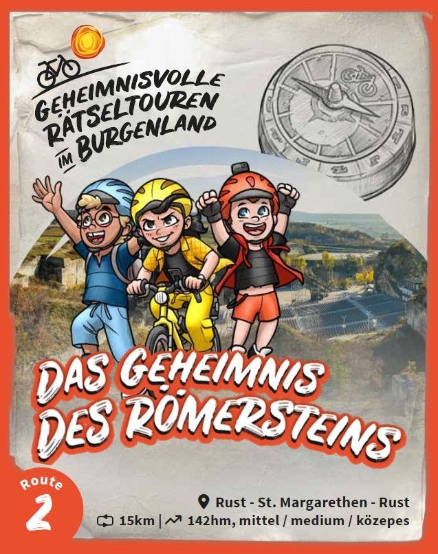 Plakat für Fahrradabenteuer mit Kompass und Kindern, die Fahrräder fahren. Der Text ist auf Deutsch und lautet 'Das Geheimnis Des Romersteins'. Es gibt drei Kinder, und sie sind auf einer Route mit einer Entfernung von 15km.