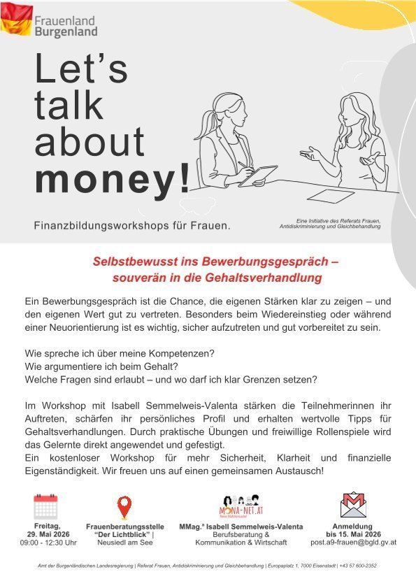 Ein Workshop für Frauen zur Verbesserung des Selbstbewusstseins in Bewerbungsgesprächen und Gehaltsverhandlungen. Es bietet praktische Übungen und Rollenspiele. Kostenloser Workshop für mehr Sicherheit, Klarheit und finanzielle Unabhängigkeit.