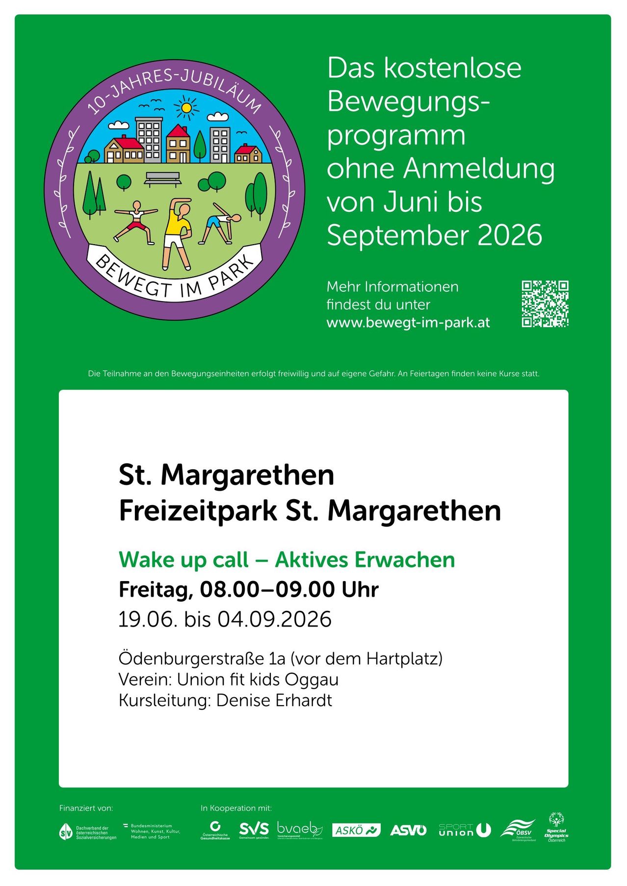 Flyer für das 'Bewegt im Park' Programm im St. Margarethen Freizeitpark. Aktivitäten ohne Anmeldung von Juni bis September 2026. Freitags von 8:00 bis 9:00 Uhr. Mehr Informationen unter www.bewegt-im-park.at.
