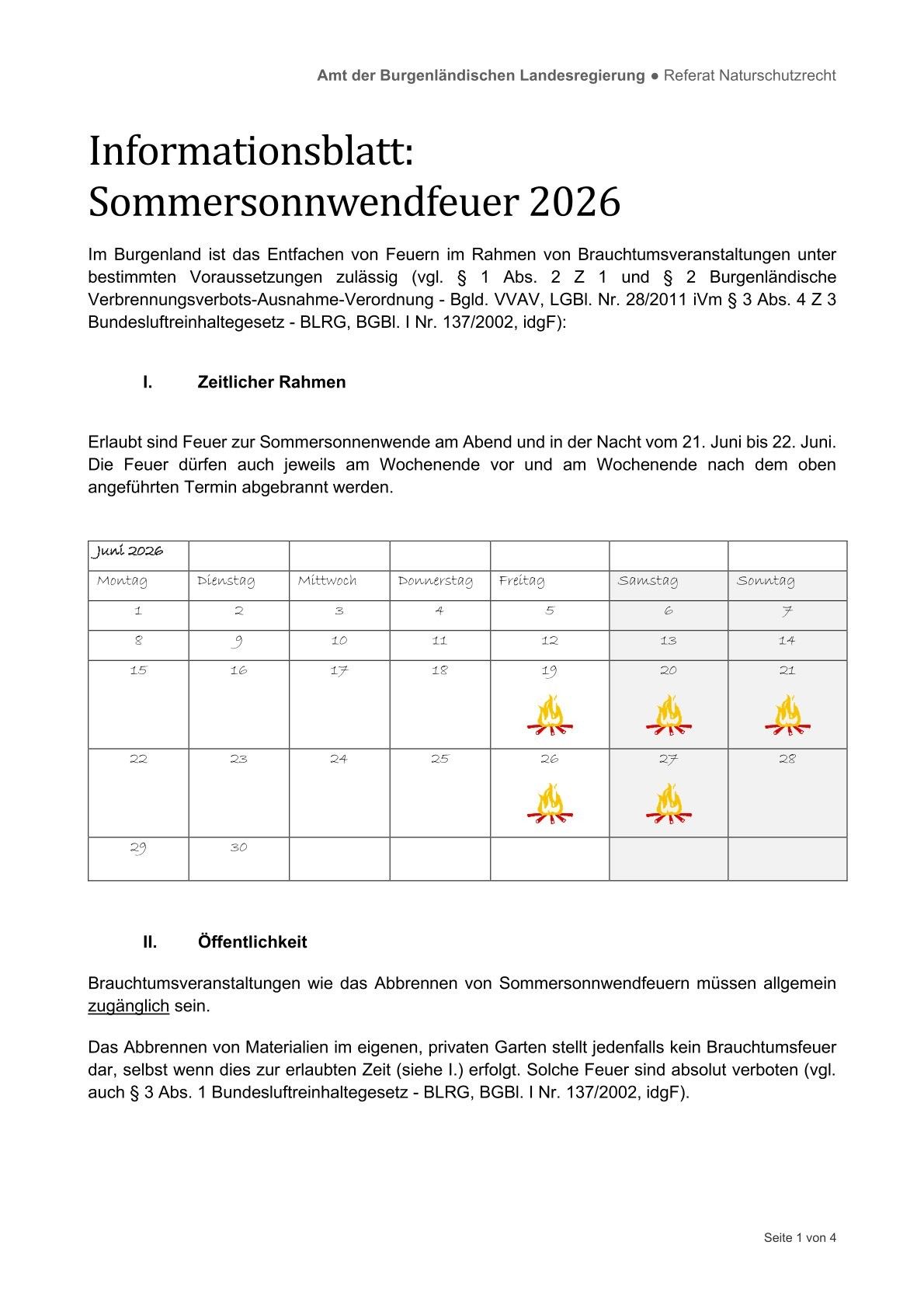 Das Bild zeigt ein Dokument mit einer Tabelle mit dem Titel 'Zeitlicher Rahmen'. Die Tabelle listet Termine vom 21. Juni 2026 bis zum 28. Juni 2026 auf, die für das Entzünden von Sommersonnenwendefeuern erlaubt sind.