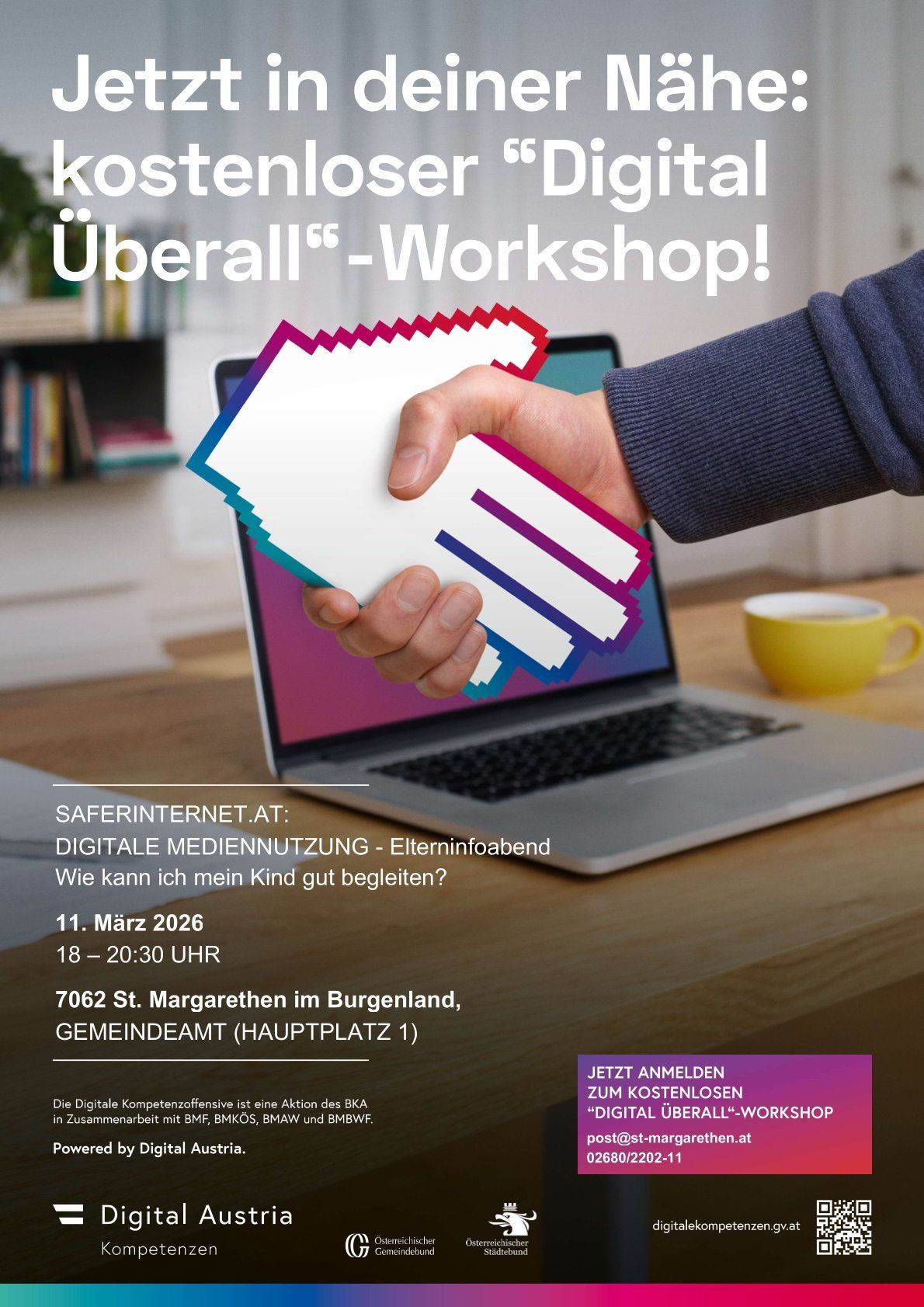 Ein Plakat für einen Workshop über sichere Internetnutzung für Eltern, mit einer Hand, die ein Stück Papier mit einem Handsymbol hält. Der Workshop findet am 11. März 2026 von 18 bis 20:30 Uhr im Gemeindeamt in St. Margarethen, Burgenland, statt.