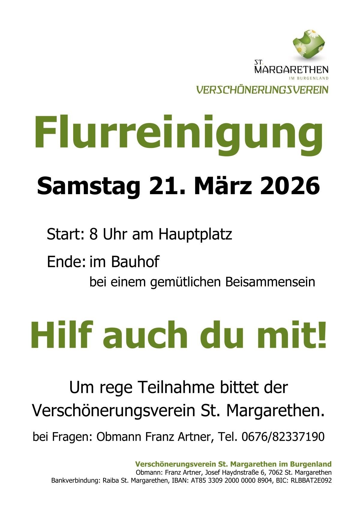 Poster for a spring cleanup event on Saturday, March 21, 2026, organized by the Verschönerungsverein in Burgenland. It starts at 8 AM at the main square and ends at the train station with a cozy gathering. Invitation to participate.