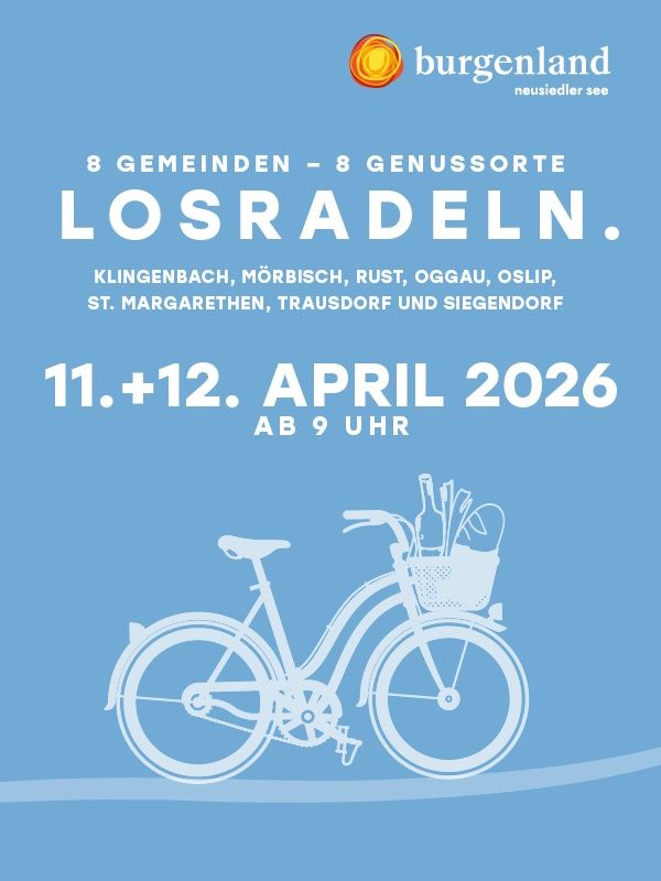 Plakat für die Weindorftour von Burgenland im Jahr 2026. Acht Gemeinden bieten Weinverkostungen am 11. und 12. April ab 9 Uhr an. Fahrrad mit Korb vor blauem Hintergrund.