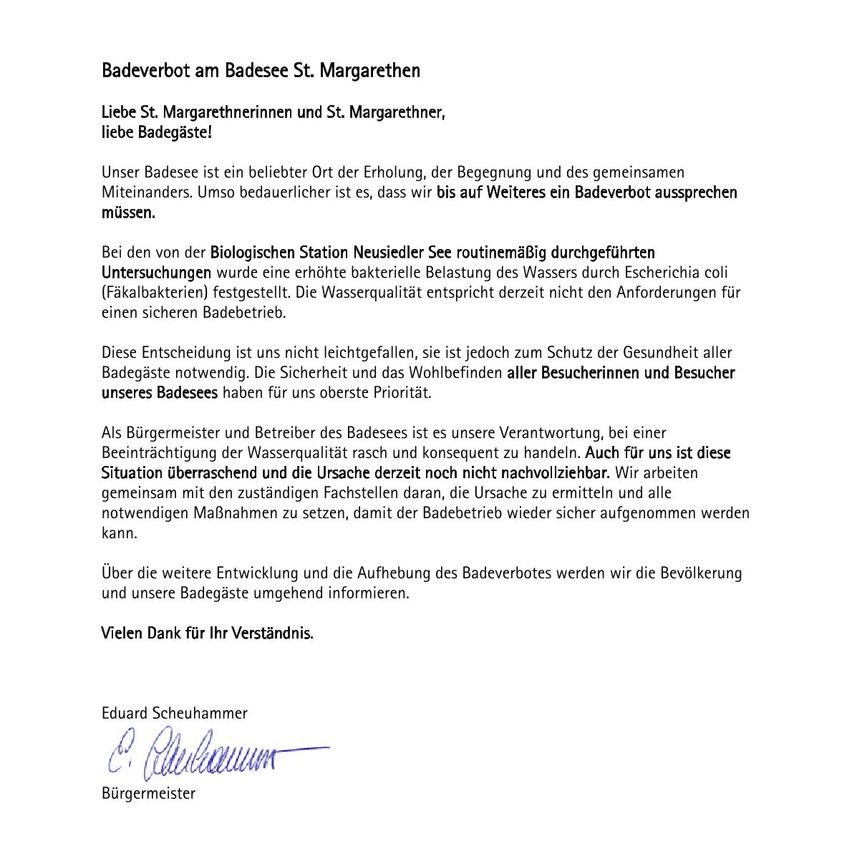 Amtliche Mitteilung des Bürgermeisters von St. Margarethen über die vorübergehende Schließung des Badeverbots aufgrund erhöhter bakterieller Belastung im Wasser. Die Mitteilung erklärt die Situation, entschuldigt sich für die Unannehmlichkeiten und versichert, dass die Sicherheit oberste Priorität hat.