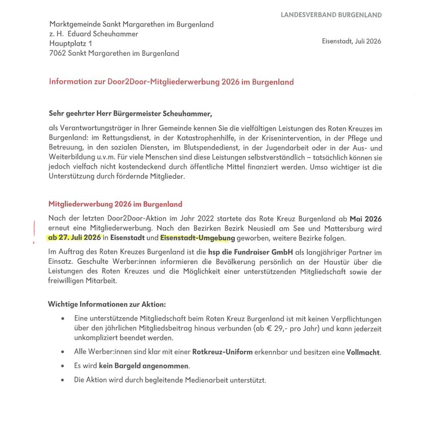 Dokument der Marktgemeinde Sankt Margarethen im Burgenland vom Juli 2026 informiert über die Door2Door-Mitgliederwerbung 2026 in Burgenland. Es betont die Bedeutung der Unterstützung des Roten Kreuzes durch Mitgliedschaft.