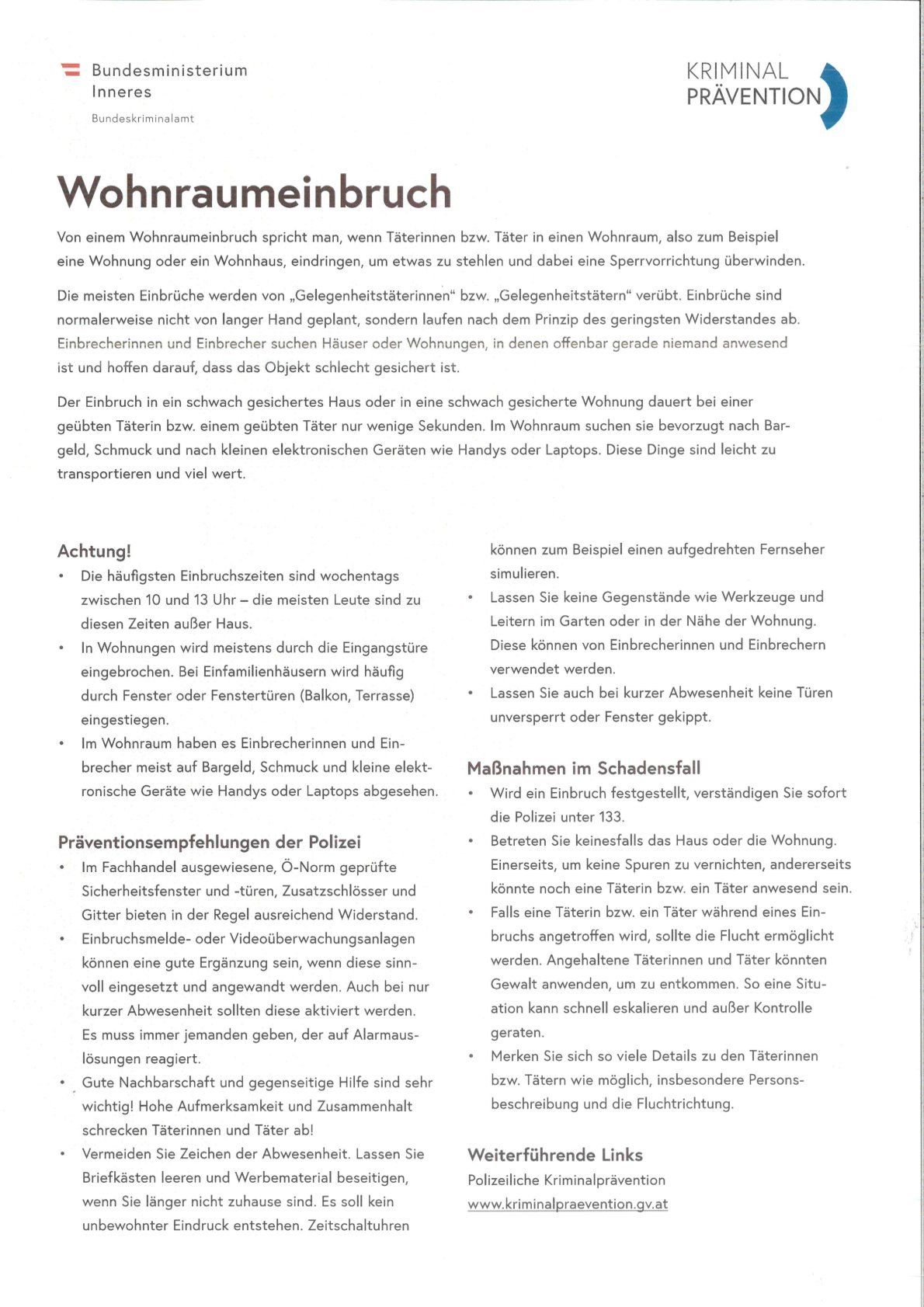Ein Dokument mit Text über die Vorbeugung von Wohnungseinbrüchen, das Zeiten mit höchstem Risiko, Sicherheitsmaßnahmen und Maßnahmen im Falle eines Einbruchs auflistet.