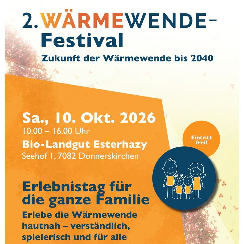 Plakat für das 2. Warmwende-Festival, ein Familienevent am 10. Oktober 2026 von 10:00 bis 16:00 Uhr auf dem Bio-Landgut Esterhazy, Seehof 1, 7082 Donnerskirchen. Der Eintritt ist frei.