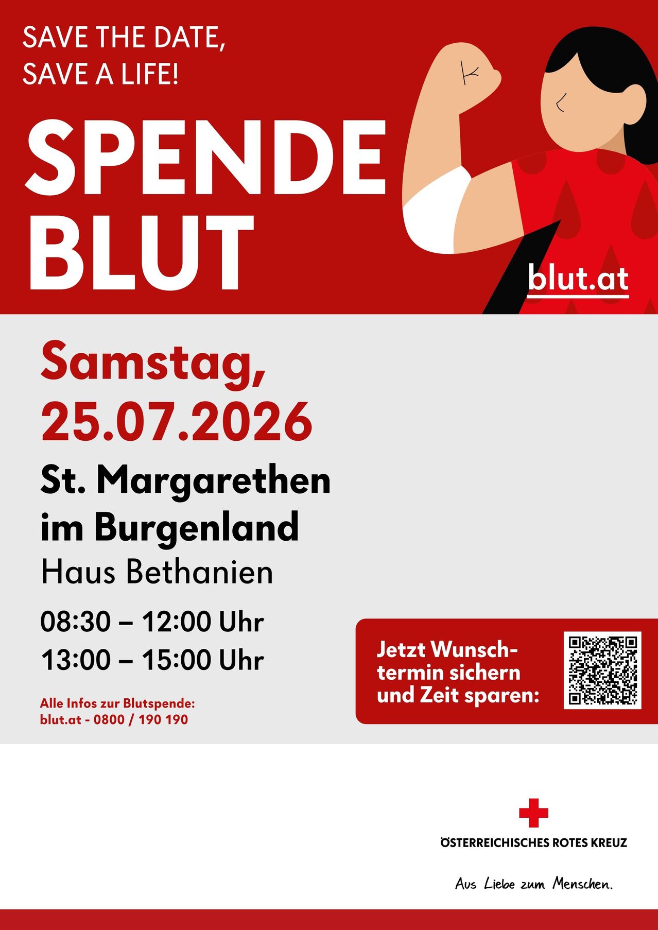 Blutspende-Event im Burgenland. Samstag, 25.07.2026. Haus Bethania. Zeitfenster 08:30-12:00 und 13:00-15:00. Termin buchen unter blut.at.