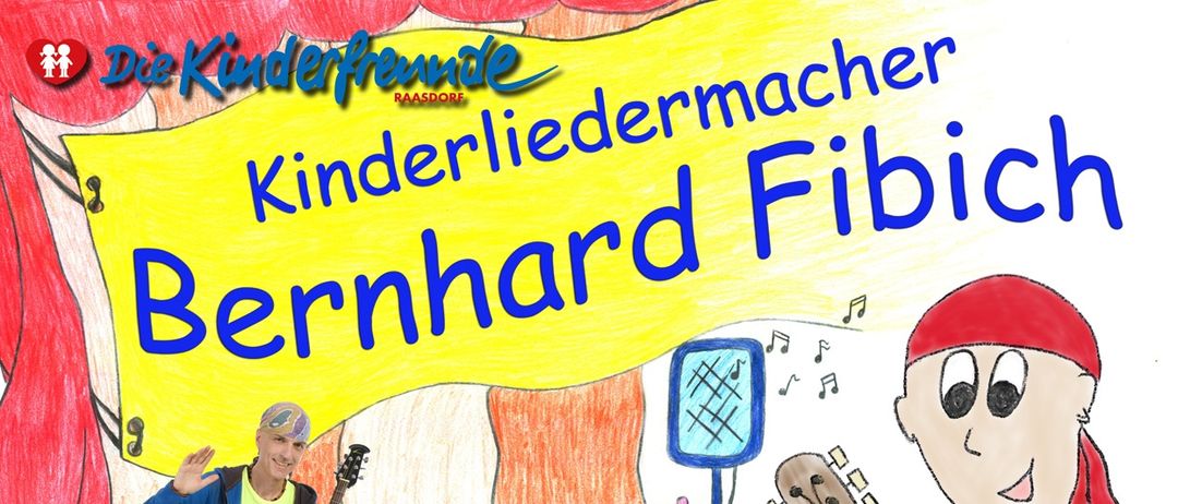 Eine Cartoon-Bild einer Bühne mit einem Mann, der Gitarre spielt, einem Jungen, der in ein Mikrofon singt, und einem tanzenden Mädchen. Kinder sitzen auf dem Boden um sie herum. Ein Banner sagt 'Mitmach-Konzert für Kinder von 3-11' und es gibt Tickets und QR-Codes.