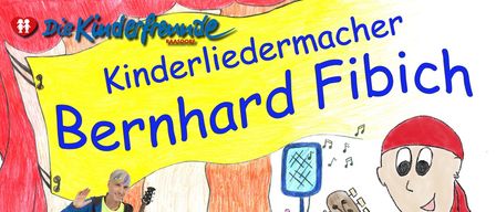 Eine Cartoon-Bild einer Bühne mit einem Mann, der Gitarre spielt, einem Jungen, der in ein Mikrofon singt, und einem tanzenden Mädchen. Kinder sitzen auf dem Boden um sie herum. Ein Banner sagt 'Mitmach-Konzert für Kinder von 3-11' und es gibt Tickets und QR-Codes.