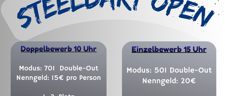 Steeldart Open Veranstaltung im ESV Halle, Jakob im Walde. Doppeleintritt um 10 Uhr, Einzeleintritt um 15 Uhr. Double-Out Modus, 701 und 501. Teilnahmegebühr 15€ und 20€. 1.-3. Platz gewinnt, 4.-10. Platz gewinnt Sachpreise. Essen und Getränke verfügbar.