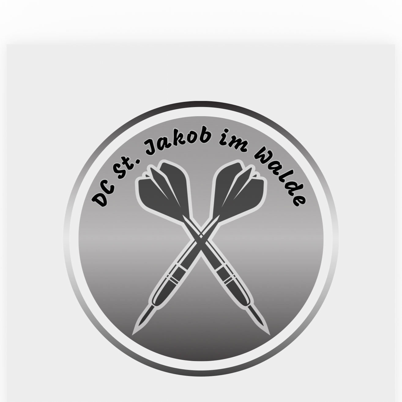 Ein Logo mit einem grauen kreisförmigen Hintergrund, das zwei gekreuzte Dartpfeile zeigt, der Text DC St. Jakob im Walde in fetter Schrift über den Darts.