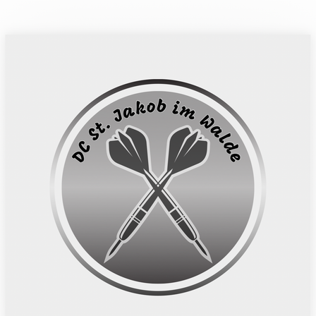 Ein Logo mit einem grauen kreisförmigen Hintergrund, das zwei gekreuzte Dartpfeile zeigt, der Text DC St. Jakob im Walde in fetter Schrift über den Darts.