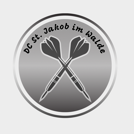 Ein rundes Logo mit zwei gekreuzten Darts, umgeben von Text 'DC St. Jakob im Walde'. Das Logo ist in Silber und Schwarz gehalten.