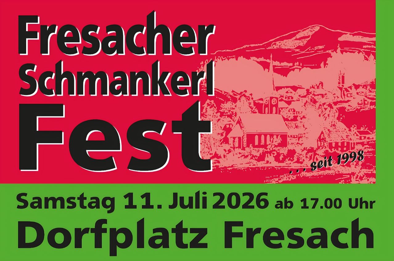 Plakat für das 'Esacher Innmankerl Fest' am 11. Juli 2026 um 17:00 am Dorfplatz Fresa. Das Plakat zeigt eine Berglandschaft.