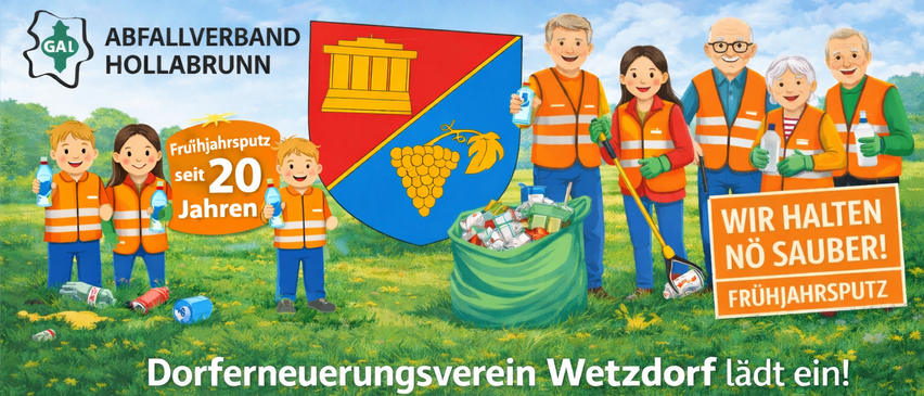 Illustration of a family and a boy collecting garbage in a field with a logo featuring a building and grapes. The boy holds a bottle of water.