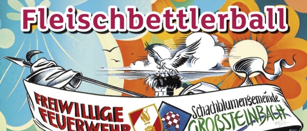 Werbeposter für eine Veranstaltung in der Kulturhalle Großsteinbach. Die Veranstaltung findet am Samstag, 14. Februar, ab 15 Uhr statt. Die Veranstaltung bietet Musik von Mambo Sepp. Das Thema lautet Flower Power.