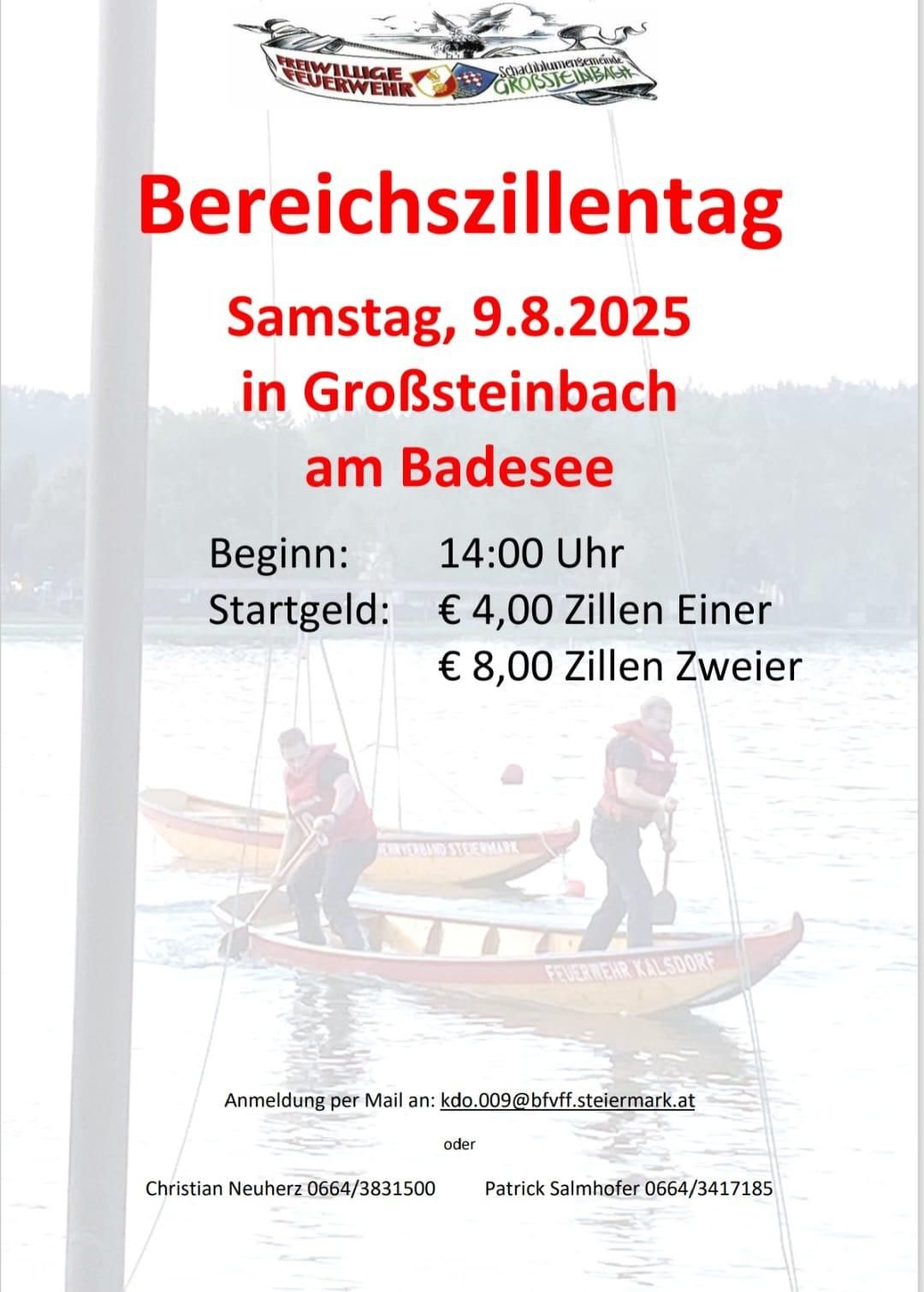 Eine Anzeige für den Bezirkszilletag am 9. August 2025 in Großsteinbach am Badesee. Es beginnt um 14:00 Uhr. Die Teilnahmegebühr beträgt 4 Euro für eine Person und 8 Euro für zwei.