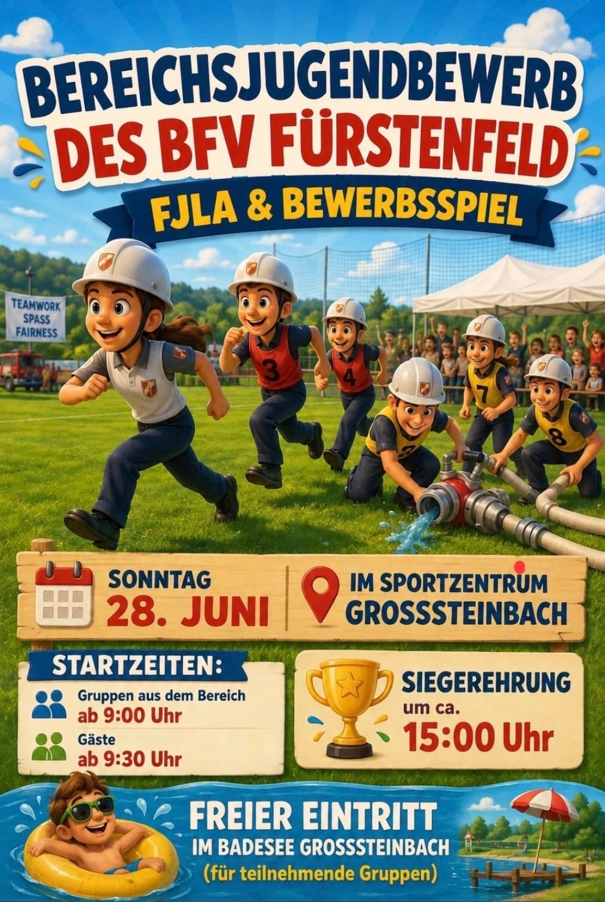 Ein Plakat für eine Kindersportveranstaltung mit Cartoon-Figuren. Die Veranstaltung trägt den Titel 'Des BFv Forstenfel' und beinhaltet eine Feuerwehr und Spiele. Sie ist für den 28. Juni im Sportzentrum in Grosssteinbach geplant. Die Startzeiten sind etwa 9:00 Uhr für Gruppen und ungefähr 15:00 Uhr für Siegesfeiern.