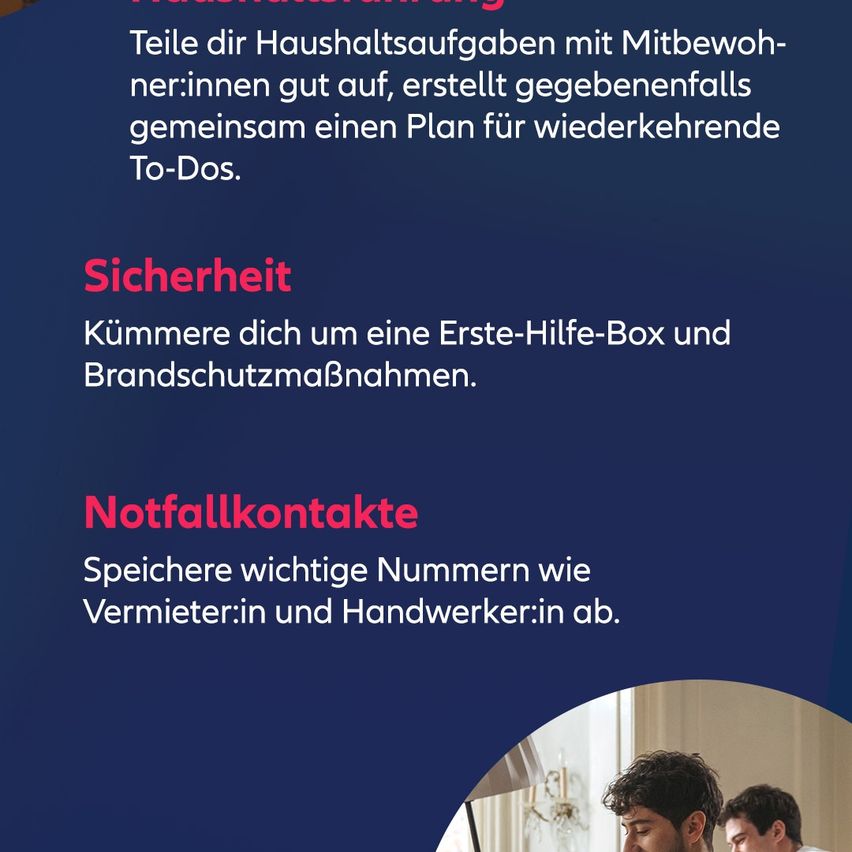 Das Bild enthält Tipps für neue Mitbewohner, einschließlich der Aufteilung der Haushaltsaufgaben, der Erstellung einer wiederkehrenden To-Do-Liste, der Sicherstellung der Sicherheit mit einer Erste-Hilfe-Box und Brandschutzmaßnahmen sowie der Speicherung wichtiger Notfallkontakte.