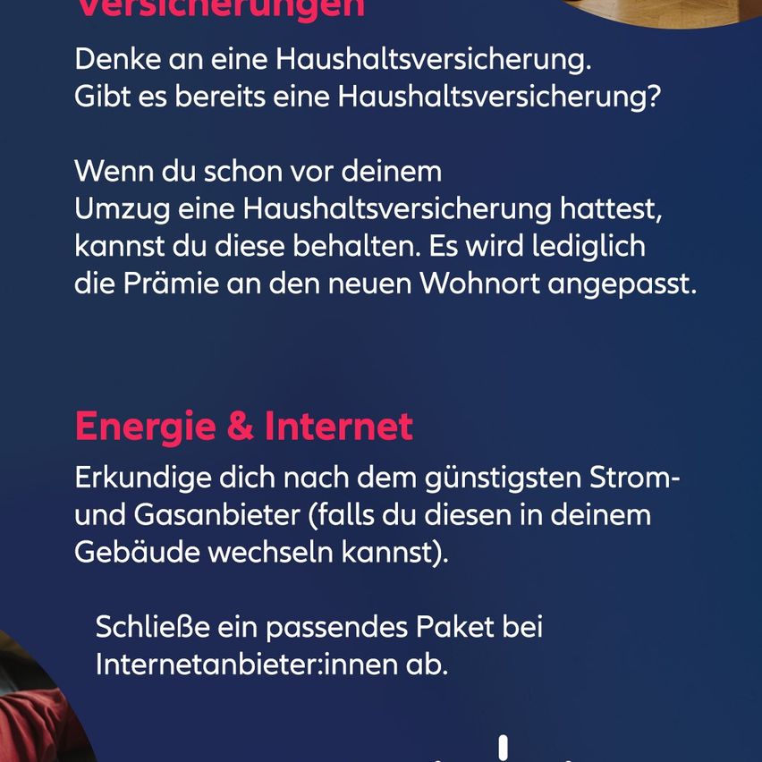 Ein blaues Plakat mit weißem Text lautet 'Versicherungen'. Es rät, die Haushaltsversicherung zu überprüfen und an den neuen Wohnort anzupassen. Es empfiehlt auch, nach den besten Energie- und Internetanbietern zu suchen.