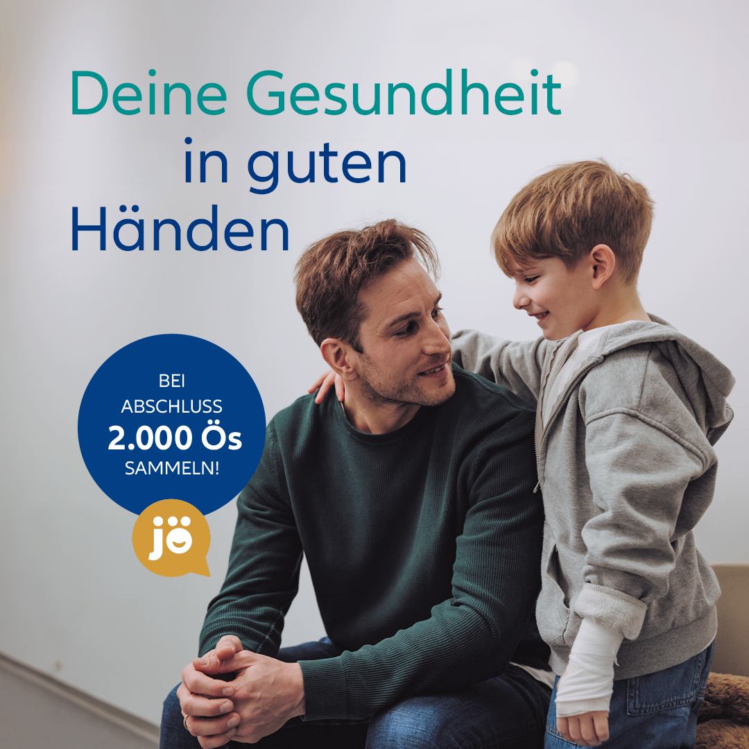 Eine Werbung zeigt einen Mann und einen Jungen, die lächeln. Der Text lautet 'Deine Gesundheit in guten Händen.' Unten steht 'Sammeln Sie 2.000 ÖS' und ein Logo.