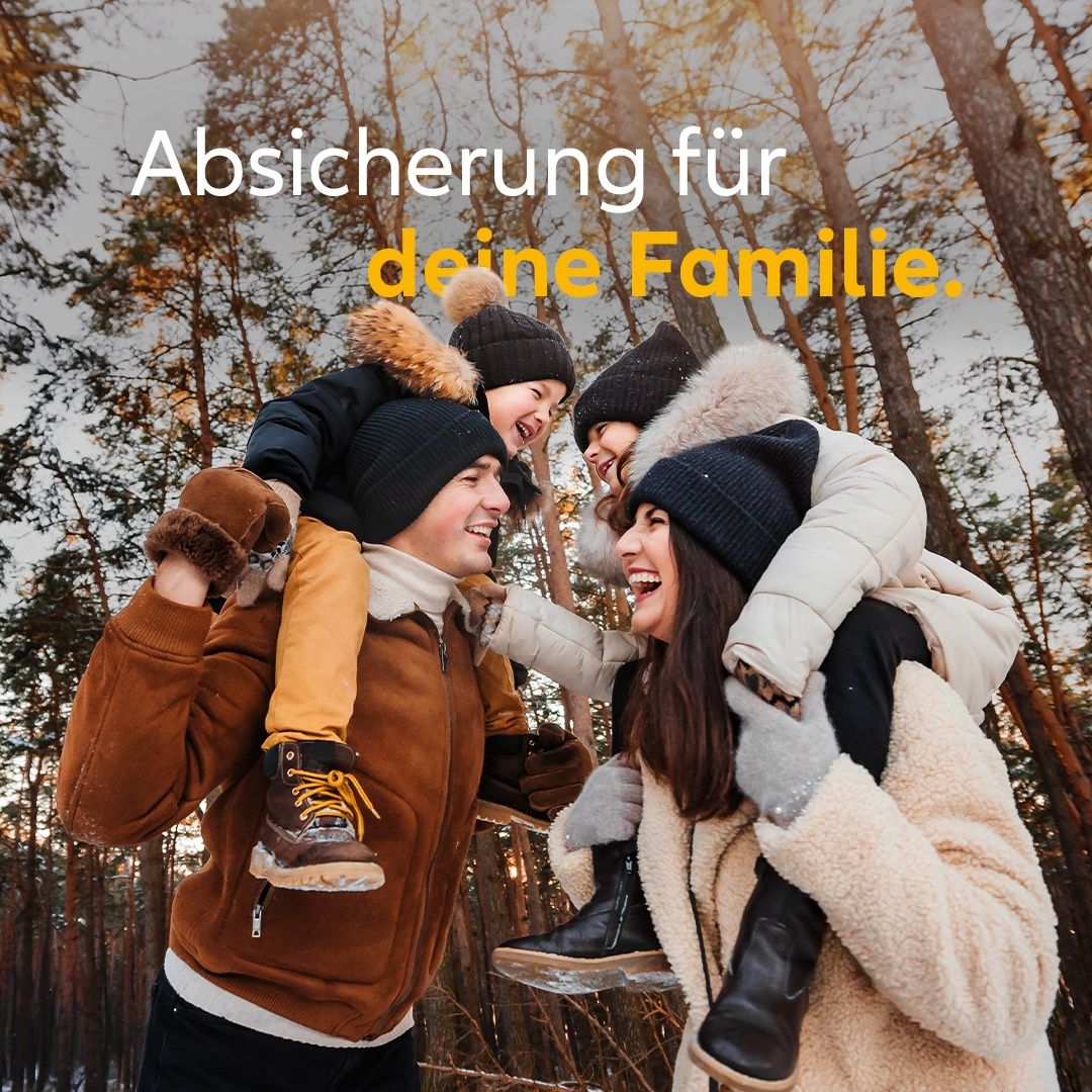 A family in winter clothing standing in a snowy forest, with the caption 'Insurance for your family.' The father holds a child on his shoulders, and the mother holds another child on her shoulders.
