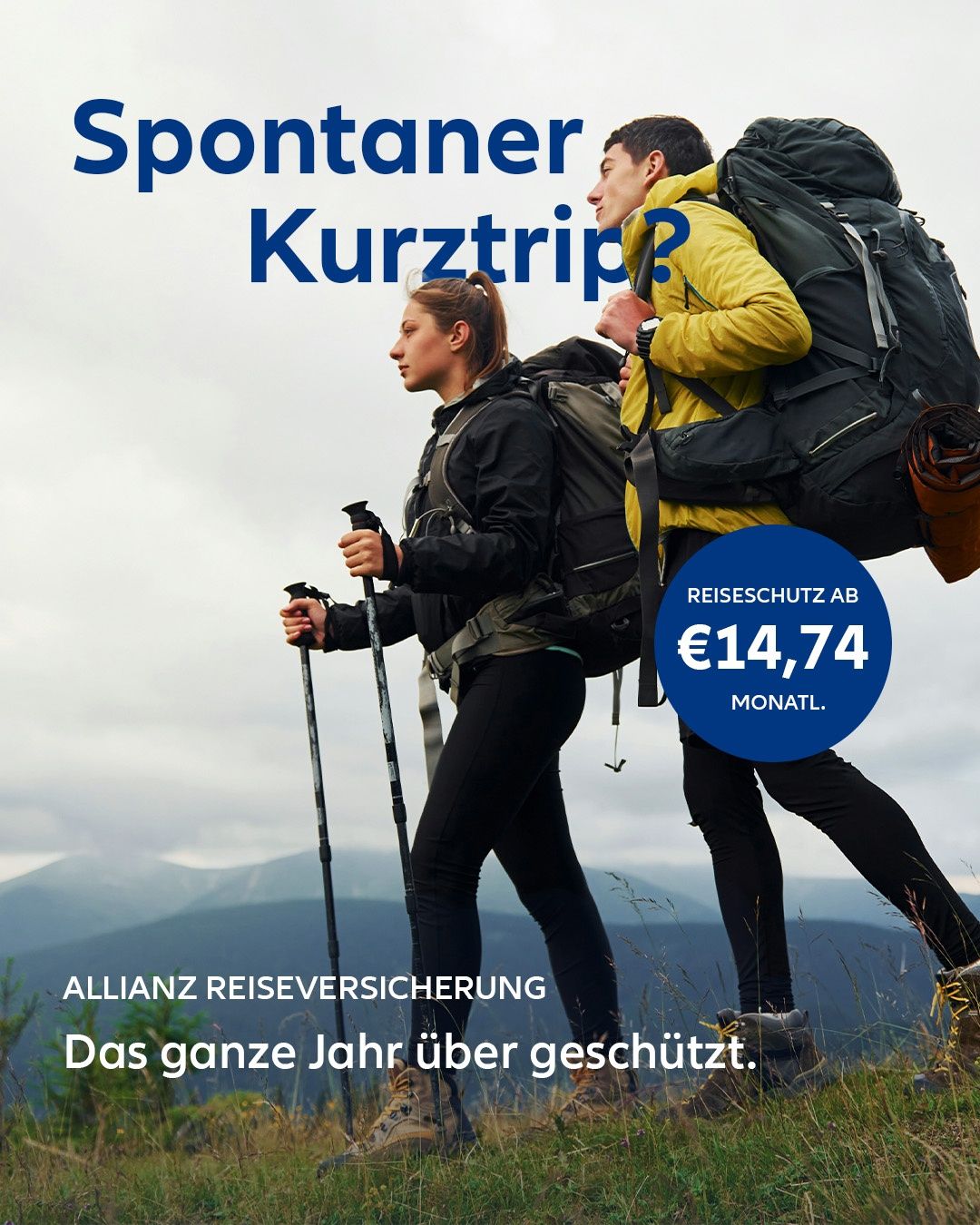 Zwei Personen wandern auf einem Berg mit Rucksäcken. Der Text auf dem Bild lautet 'Spontaner Kurztrip?' und 'Reiseschutz ab €14,74/monatl.'. Die Marke 'Allianz Reiseversicherung' ist sichtbar.
