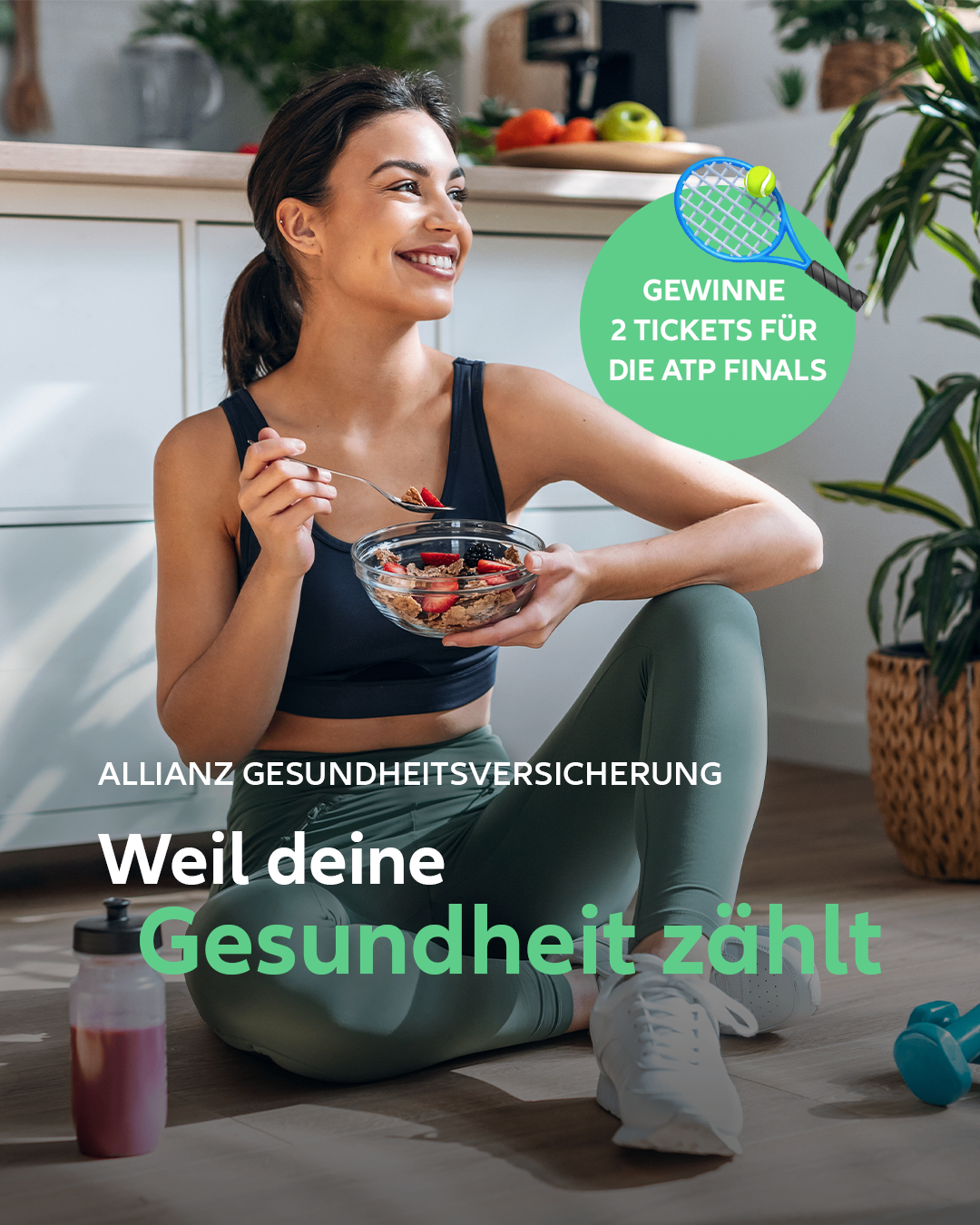 A woman in workout clothes sits on the floor eating cereal. A tennis racket and ball are in the background. Text reads 'Win 2 tickets for the ATP Finals.'