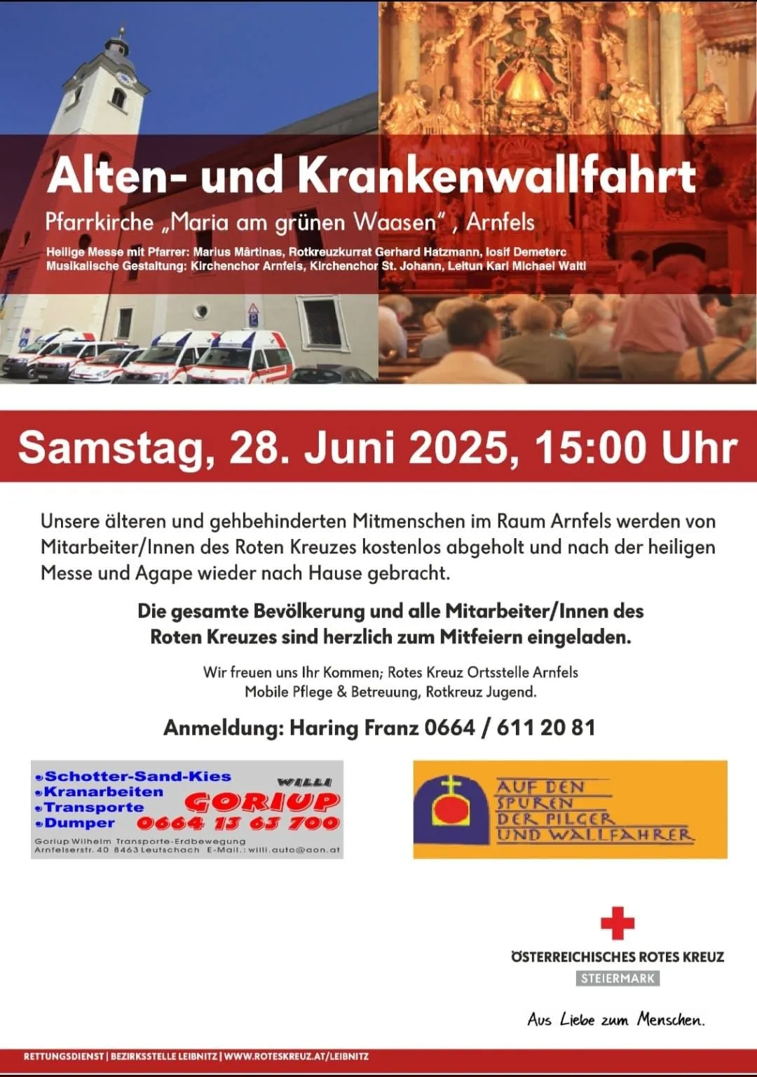 Plakat für die Alten- und Krankenwallfahrt. Es zeigt ein Bild einer Kirche, Menschen und Ambulanzwagen. Der Text enthält Details über das Ereignis, Datum, Uhrzeit und den vom Roten Kreuz angebotenen Service.