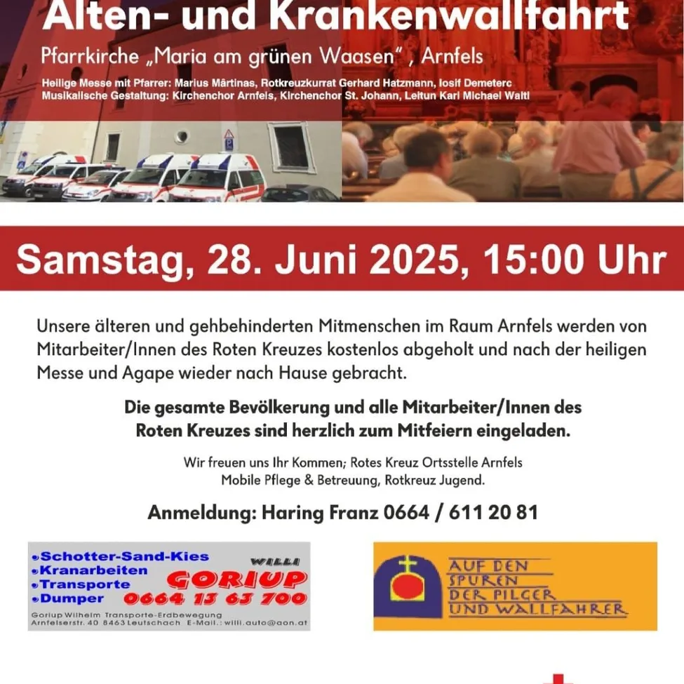 Plakat für die Alten- und Krankenwallfahrt. Es zeigt ein Bild einer Kirche, Menschen und Ambulanzwagen. Der Text enthält Details über das Ereignis, Datum, Uhrzeit und den vom Roten Kreuz angebotenen Service.