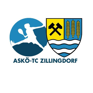 ASKO-TC Zillingdorf Logo mit einer Person, die Tennis spielt, gekreuzten Hämmern und Weizen auf einem blau-gelben Schild.