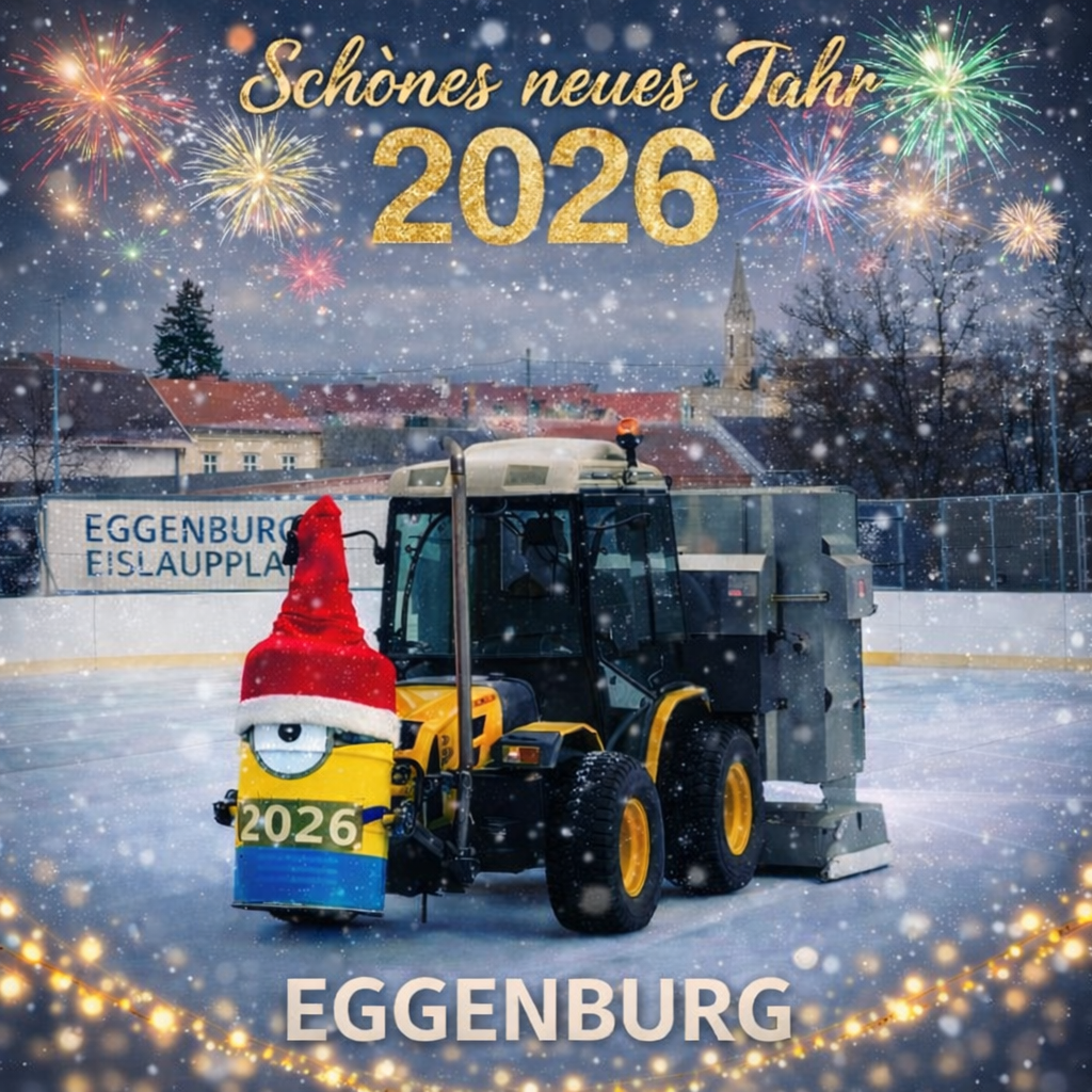 Raupe mit Weihnachtsmütze räumt Eisbahn in Eggenburg, Österreich, Feuerwerk am Himmel und das Jahr 2026 darüber.
