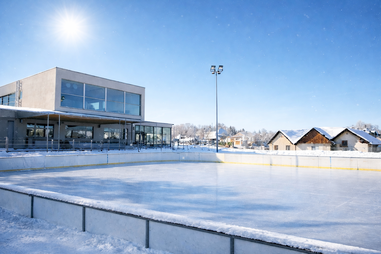 Eine leere Eisbahn, umgeben von einem Zaun unter einem hellen Himmel, mit einem Gebäude im Hintergrund und Häusern in der Nähe.