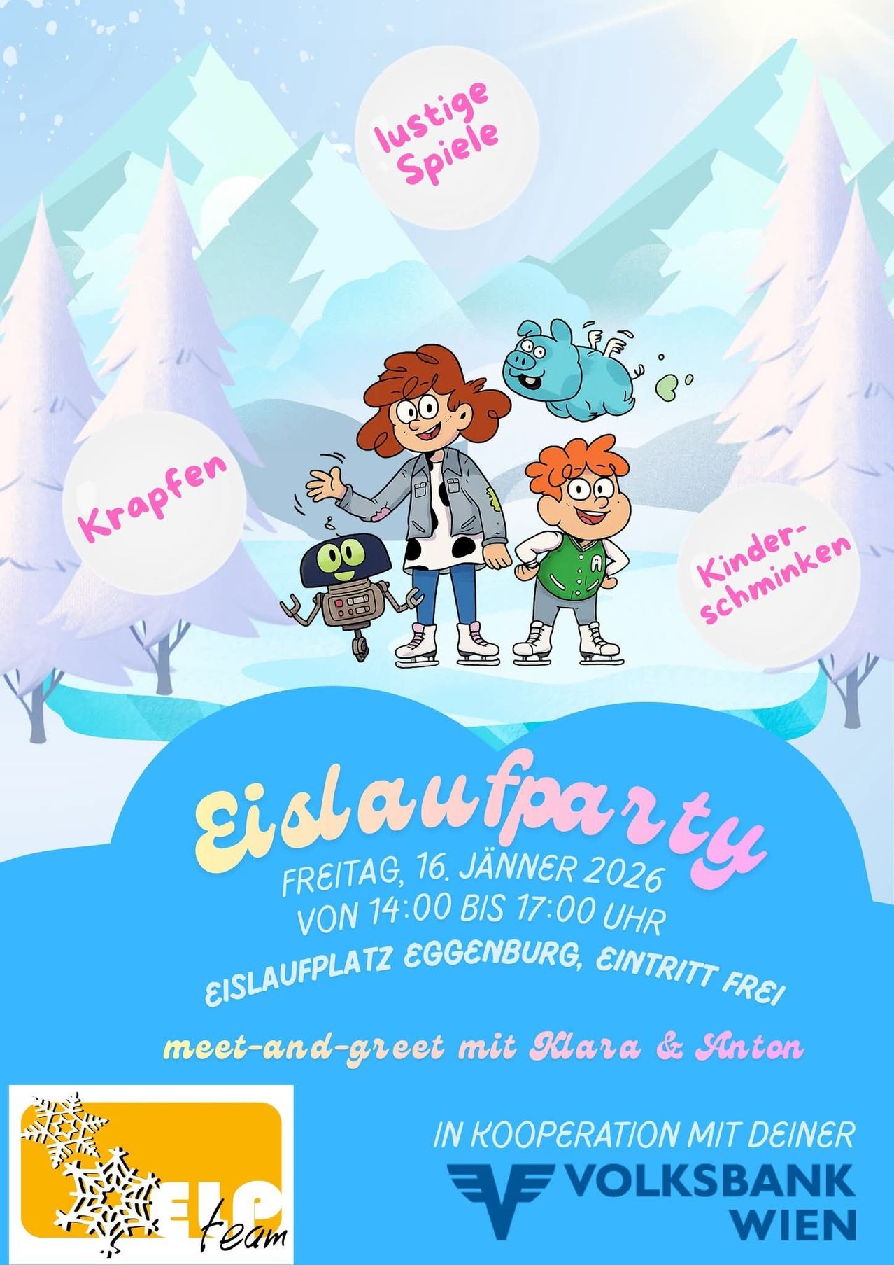 Ice skating party on January 16, 2026, from 2 PM to 5 PM at Egelsbrunn Ice Skating Rink. Free admission. Meet and greet with Klara and Anton.