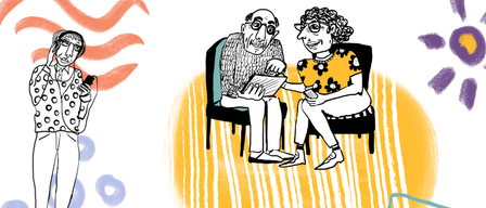 Eine Illustration von zwei älteren Personen im Gespräch, eine liest, die andere nutzt ein Smartphone. Der Titel lautet 'Gut vernetzt & digital im hohen Alter'. Hashtag #AktivImAlter ist vorhanden.