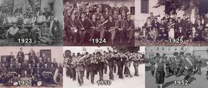 Eine Reihe von Schwarz-Weiß-Fotos zeigt eine Marschkapelle von 1923 bis 1952. Jedes Foto zeigt die Band in verschiedenen Jahren, die Instrumente wie Tuben und Trompeten halten.