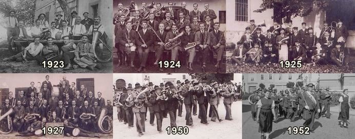 Eine Reihe von Schwarz-Weiß-Fotos zeigt eine Marschkapelle von 1923 bis 1952. Jedes Foto zeigt die Band in verschiedenen Jahren, die Instrumente wie Tuben und Trompeten halten.